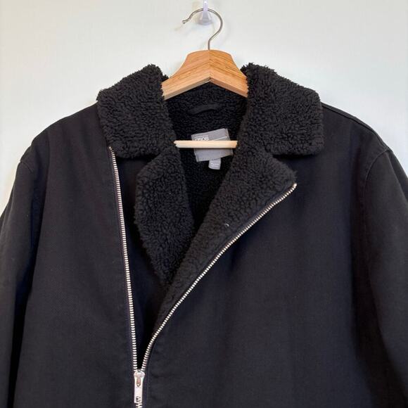 ASOS Bolongaro Trevor Borg Trim Denim Biker Jacket Size Medium Black Cotton Zip - Picture 8 of 9